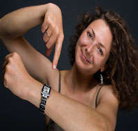 happy and pointing to watch